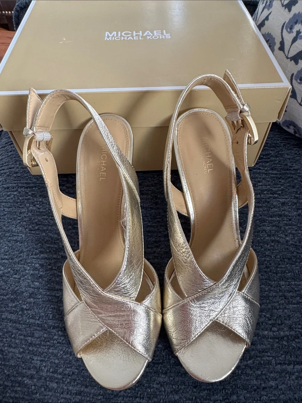 Michael Kors Metallic Gold Crisscross Peep-Toe Slingback Heels
